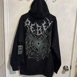 NWT Rebel Vengeance Men’s XL Hoodie Black Kangaroo Pocket Back Rhinestone Web
